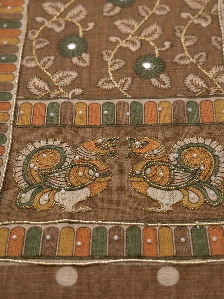 Brown Linen Printed Unstitched Dress Material