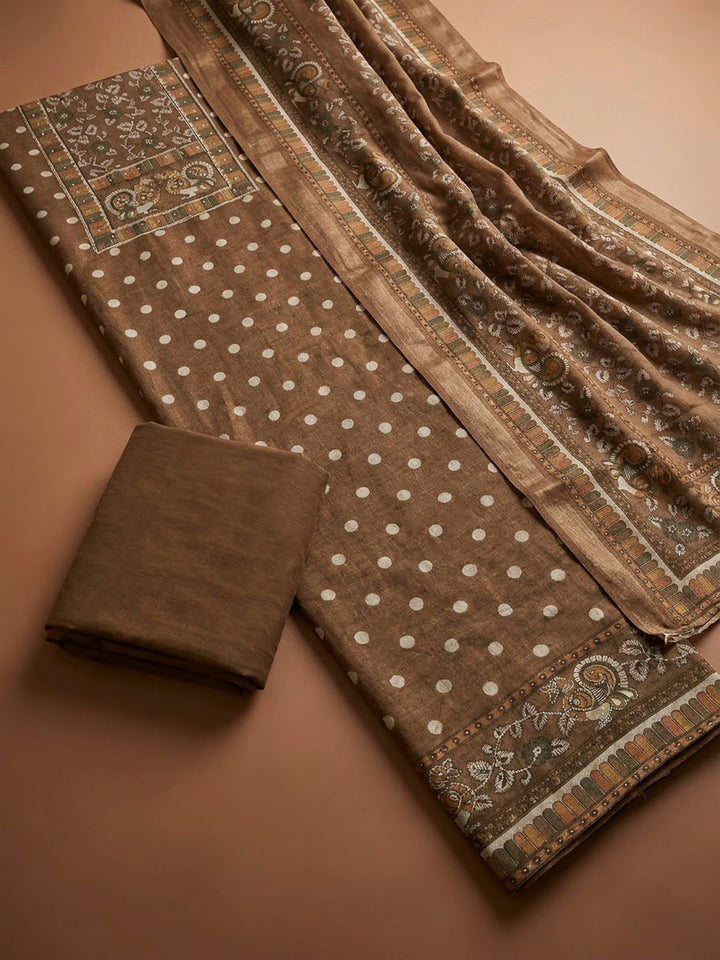 Brown Linen Printed Unstitched Dress Material