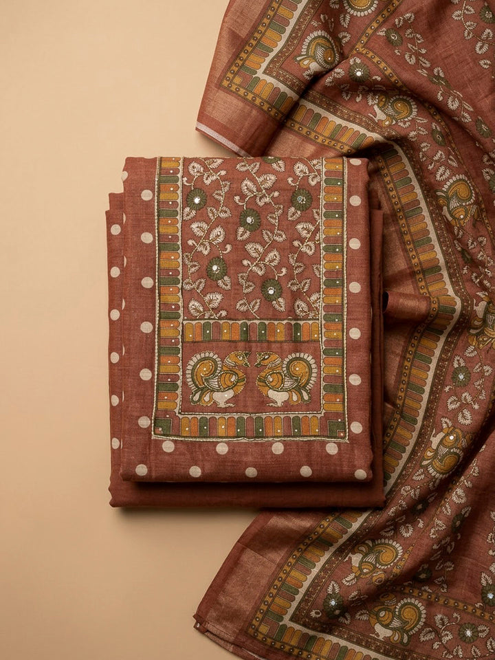 Maroon Linen Printed Unstitched Dress Material