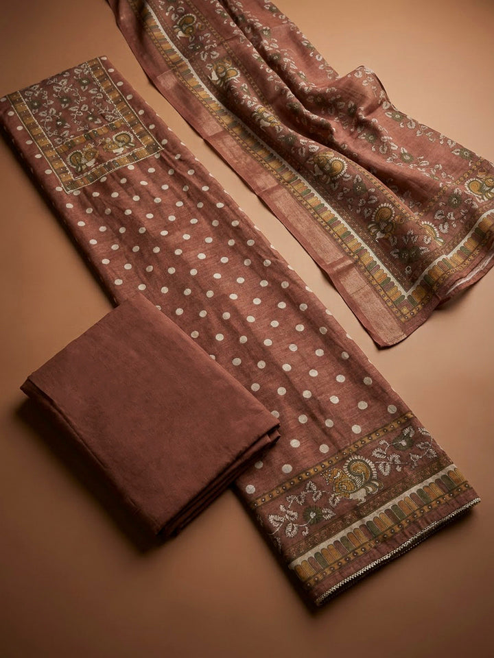 Maroon Linen Printed Unstitched Dress Material