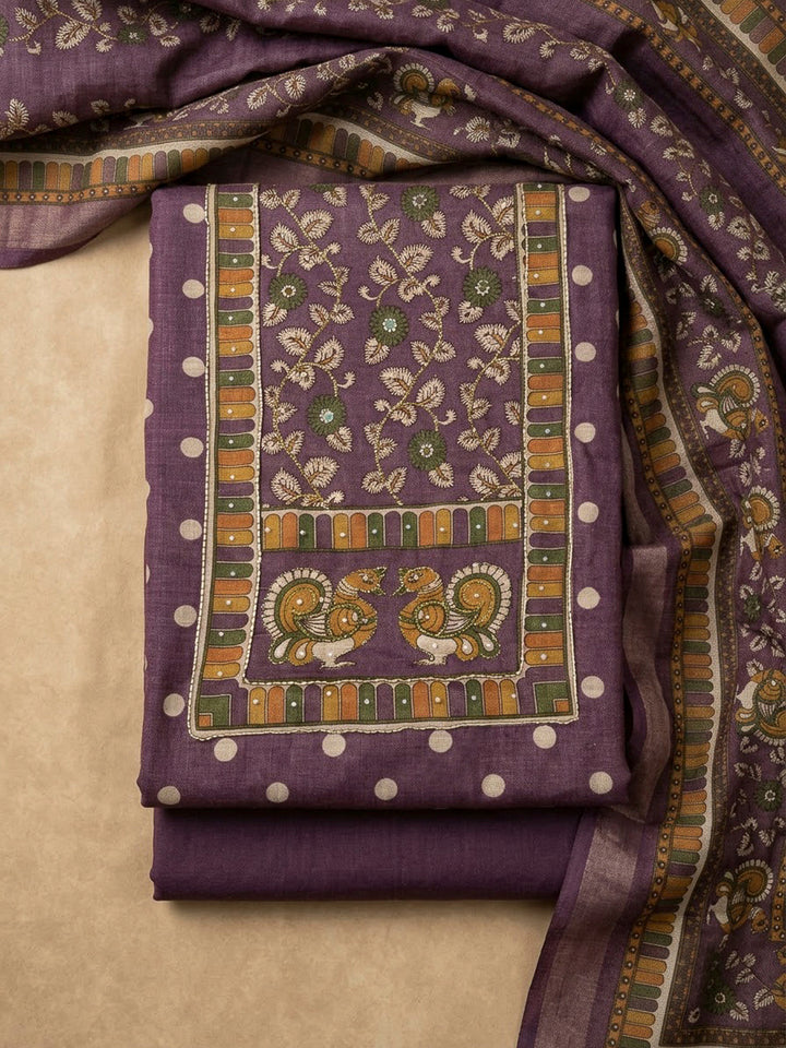Purple Linen Printed Unstitched Dress Material