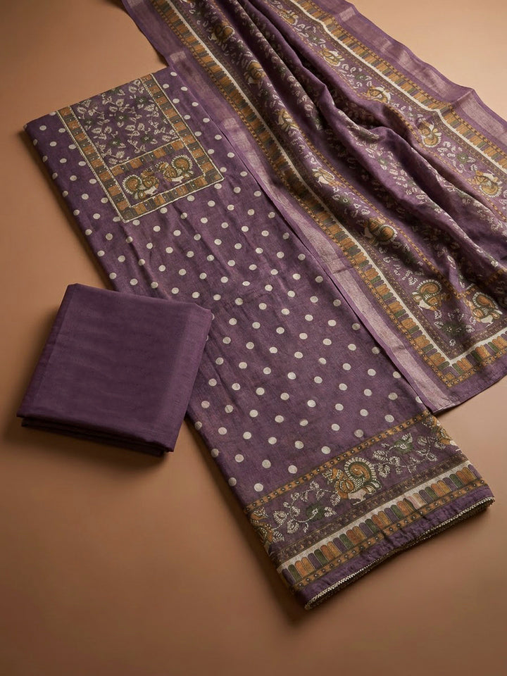 Purple Linen Printed Unstitched Dress Material