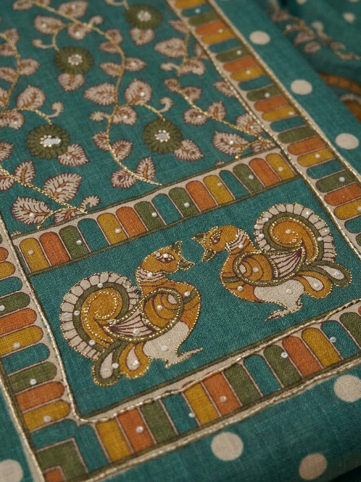 Rama Green Linen Printed Unstitched Dress Material