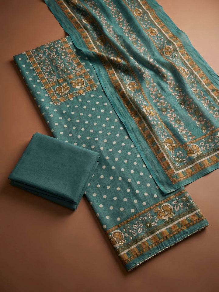 Rama Green Linen Printed Unstitched Dress Material