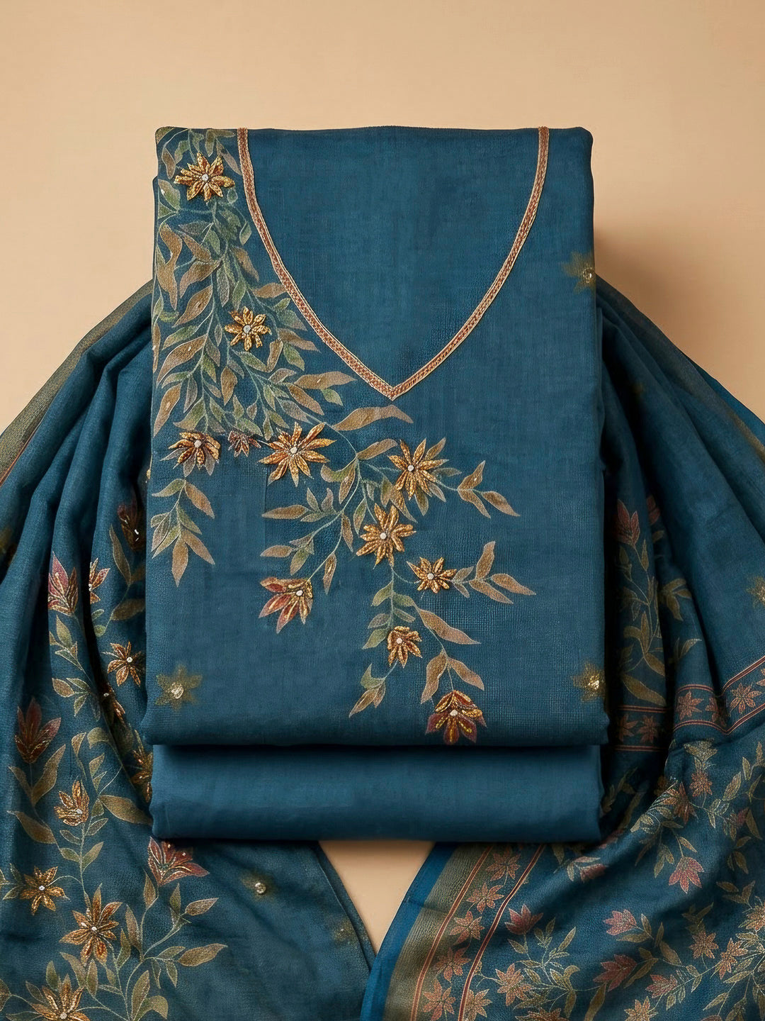Blue Linen Printed Unstitched Dress Material