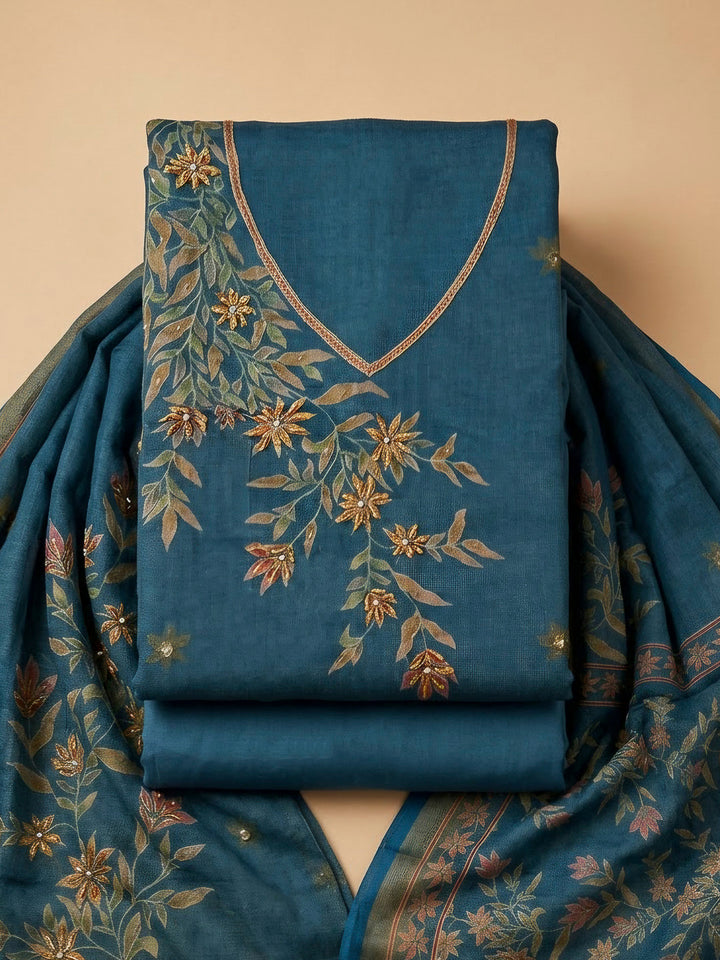 Blue Linen Printed Unstitched Dress Material