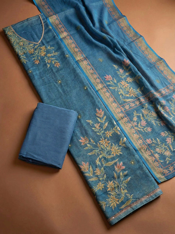 Blue Linen Printed Unstitched Dress Material