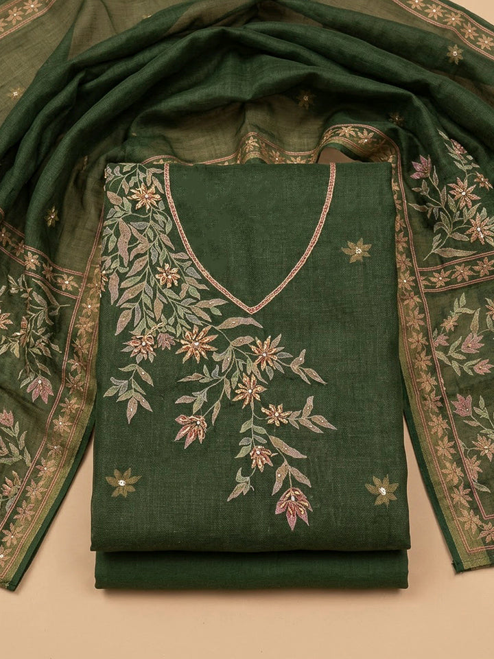 Bottle Green Linen Printed Unstitched Dress Material
