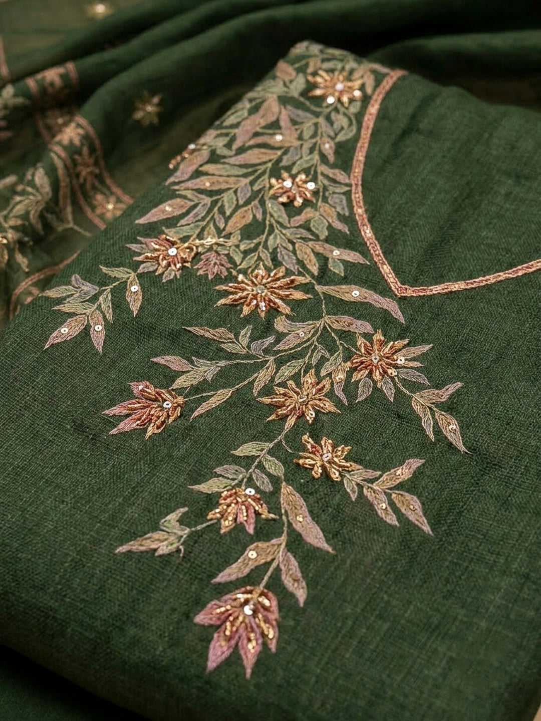 Bottle Green Linen Printed Unstitched Dress Material