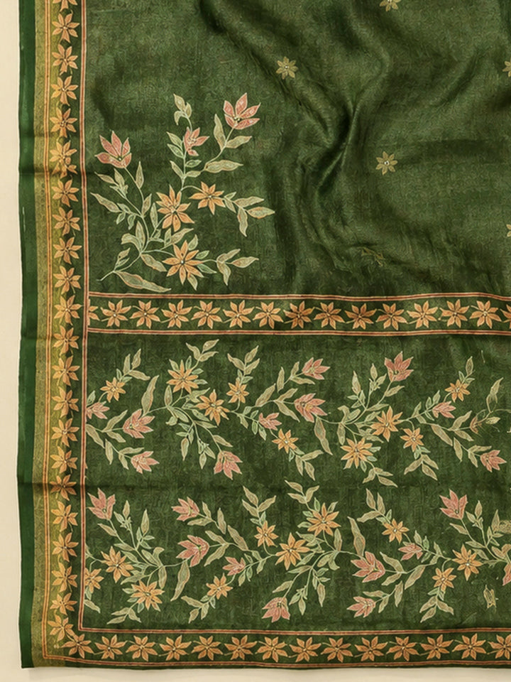 Bottle Green Linen Printed Unstitched Dress Material