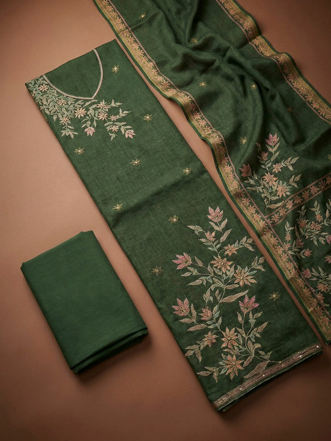 Bottle Green Linen Printed Unstitched Dress Material
