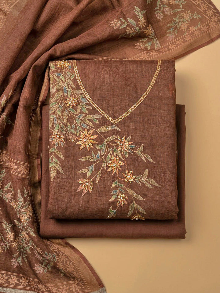 Brown Linen Printed Unstitched Dress Material