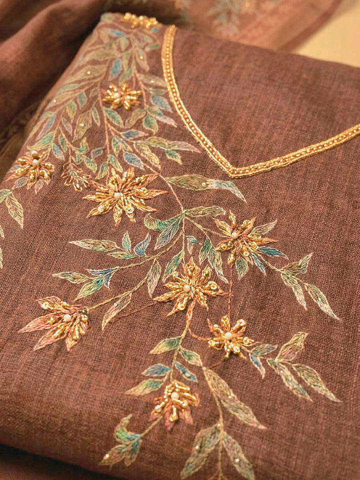 Brown Linen Printed Unstitched Dress Material