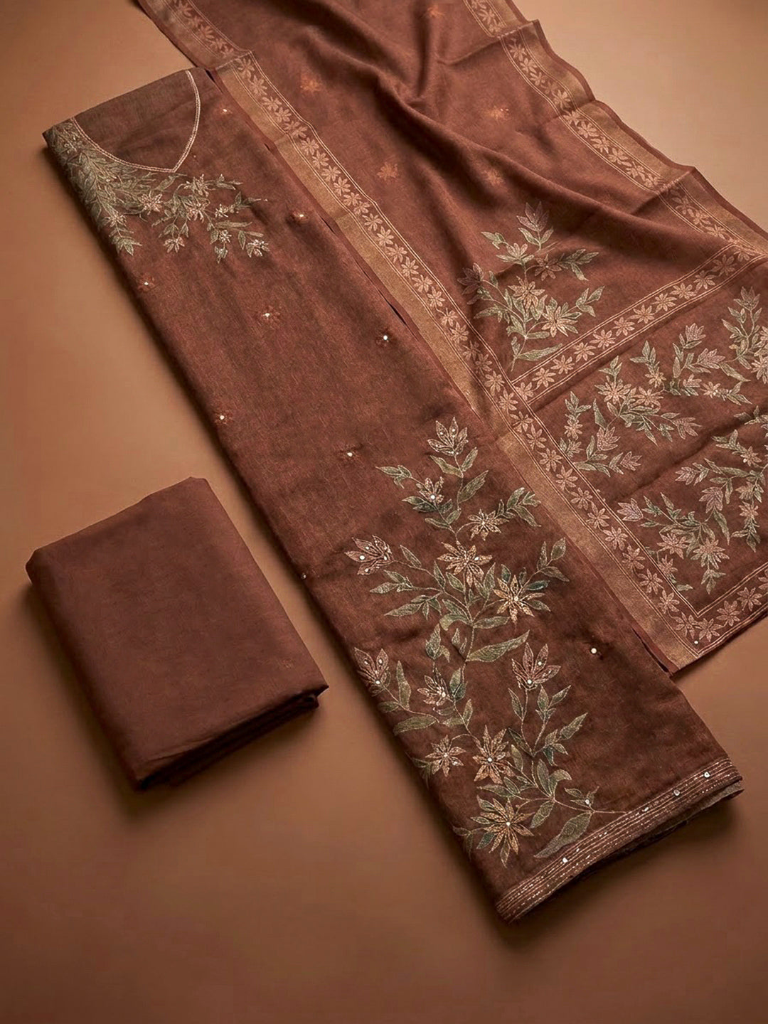 Brown Linen Printed Unstitched Dress Material