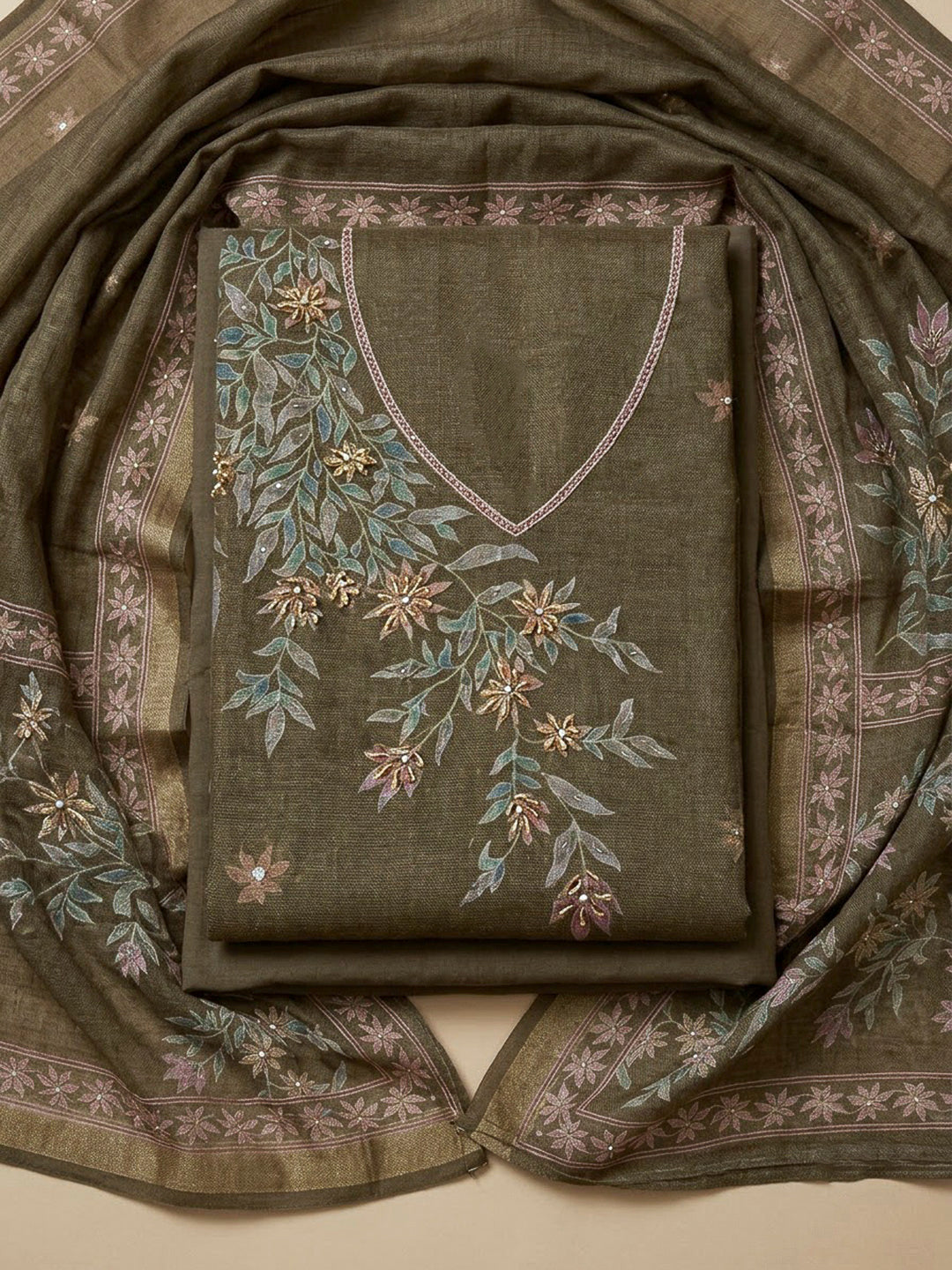 Mehndi Linen Printed Unstitched Dress Material