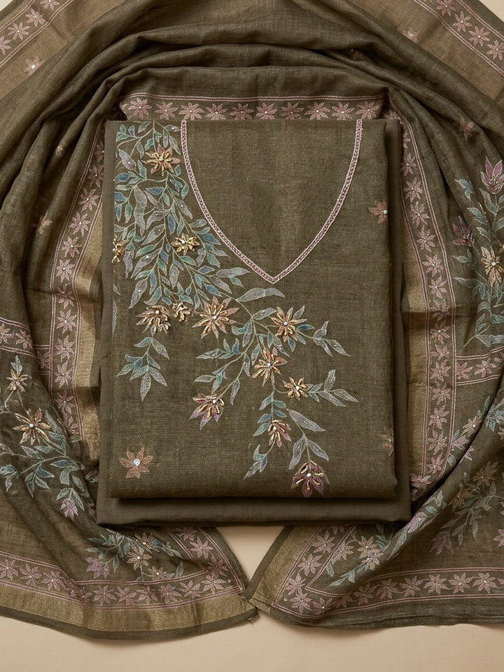Mehndi Linen Printed Unstitched Dress Material