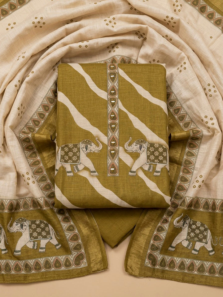 Mehndi Linen Printed Unstitched Dress Material