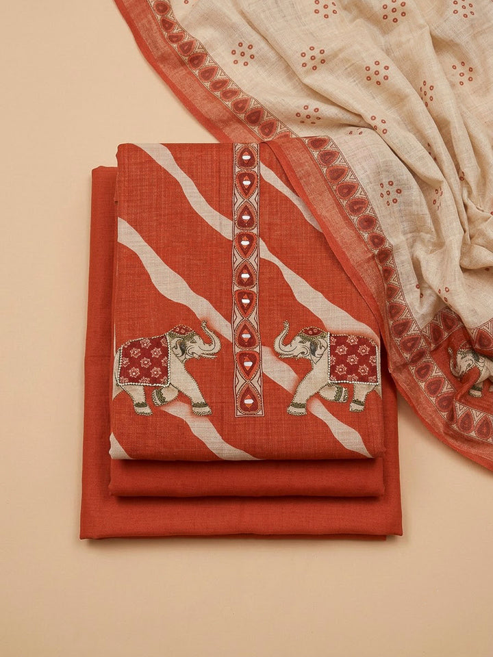 Rust Linen Printed Unstitched Dress Material