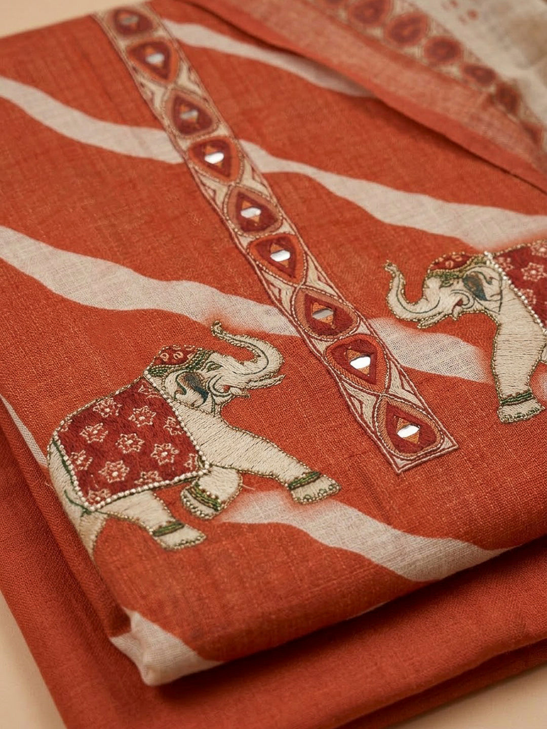 Rust Linen Printed Unstitched Dress Material