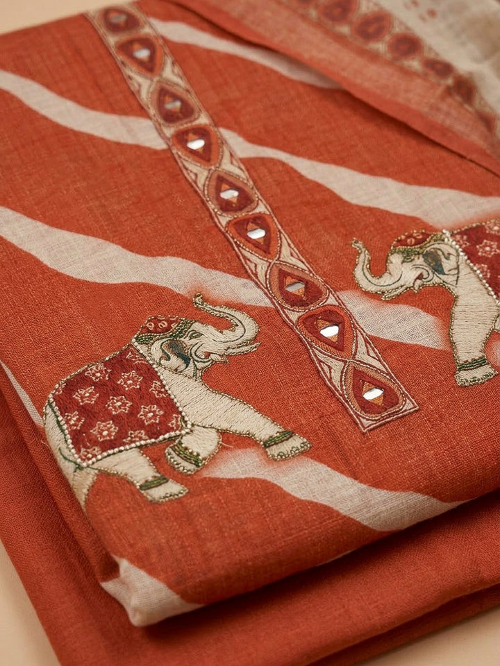 Rust Linen Printed Unstitched Dress Material