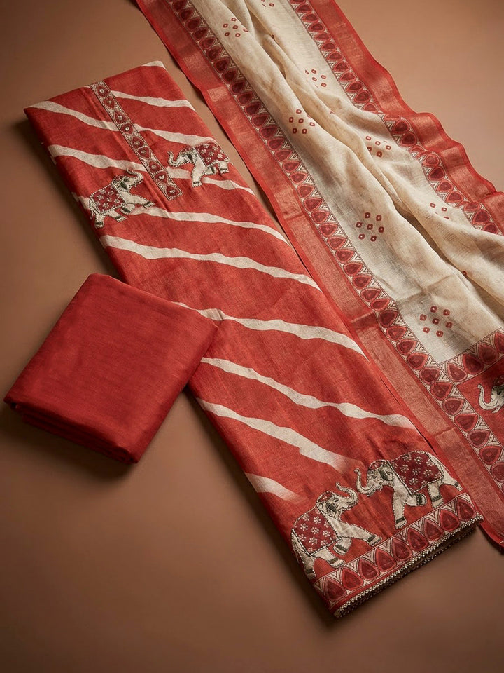 Rust Linen Printed Unstitched Dress Material