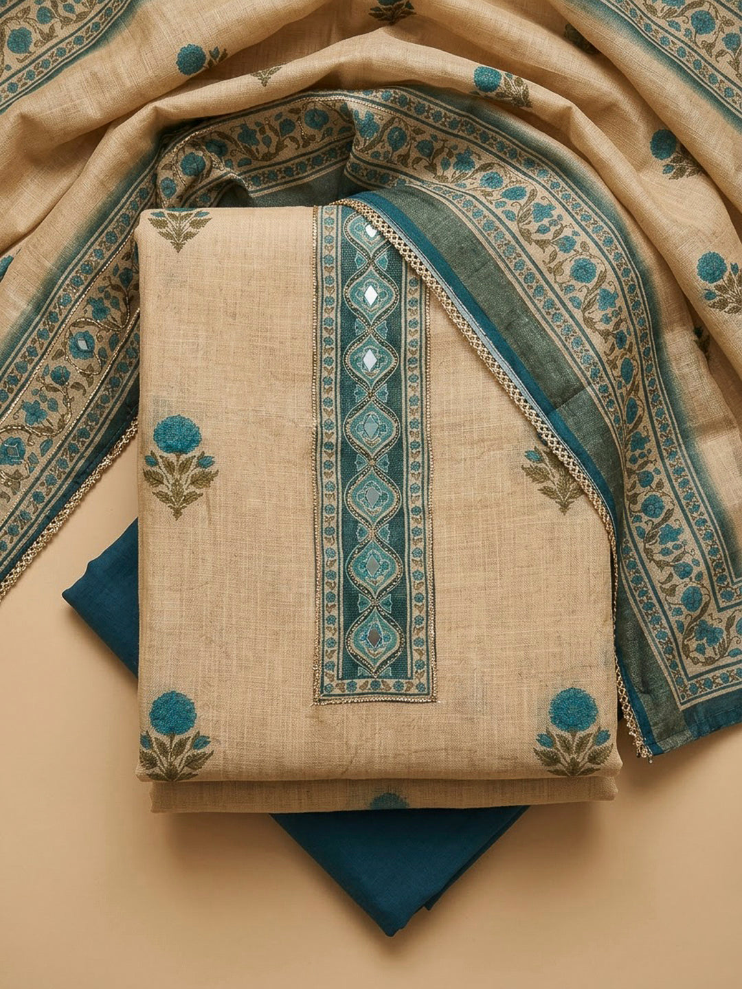 Blue Linen Printed Unstitched Dress Material