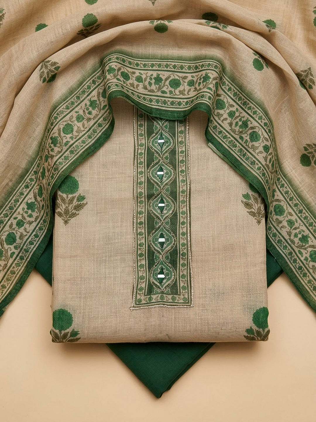 Bottle Green Linen Printed Unstitched Dress Material
