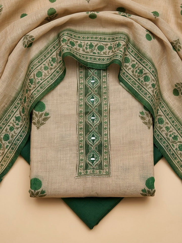 Bottle Green Linen Printed Unstitched Dress Material
