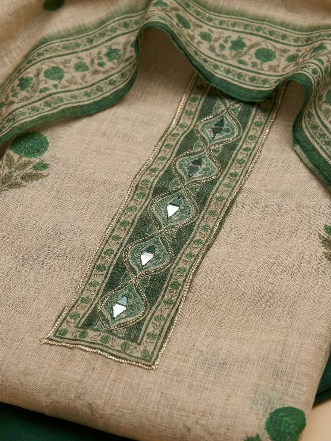 Bottle Green Linen Printed Unstitched Dress Material