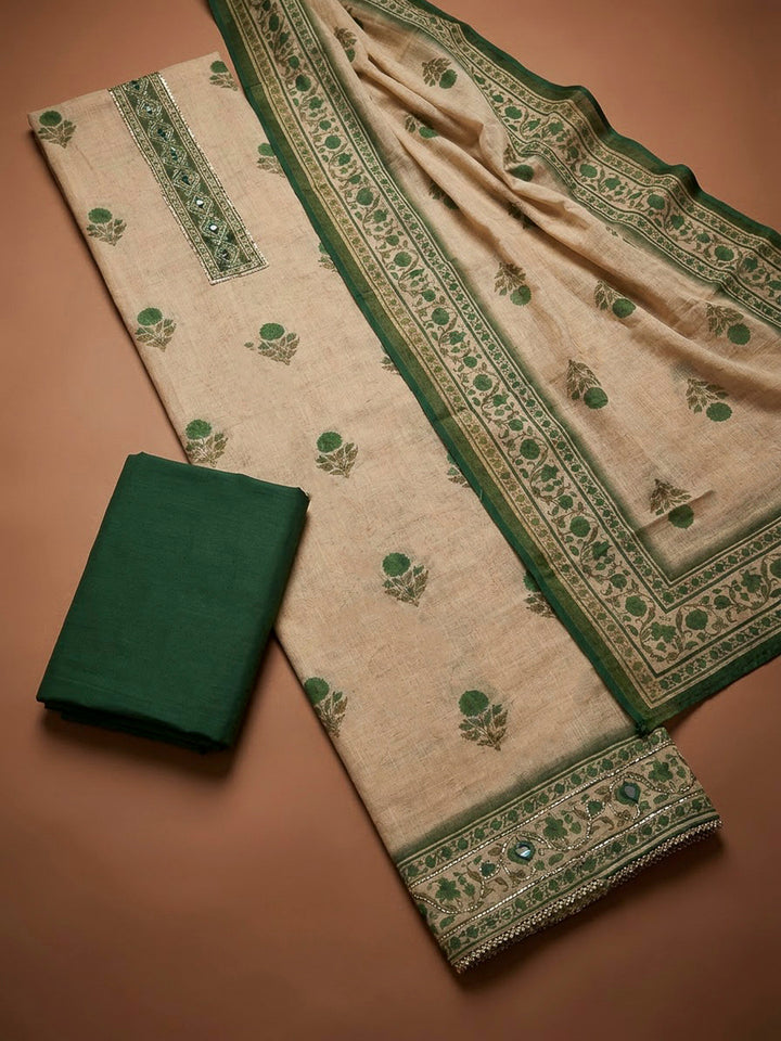 Bottle Green Linen Printed Unstitched Dress Material