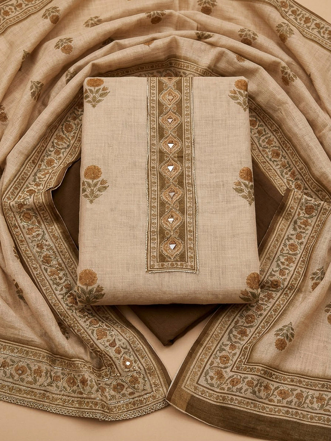 Brown Linen Printed Unstitched Dress Material