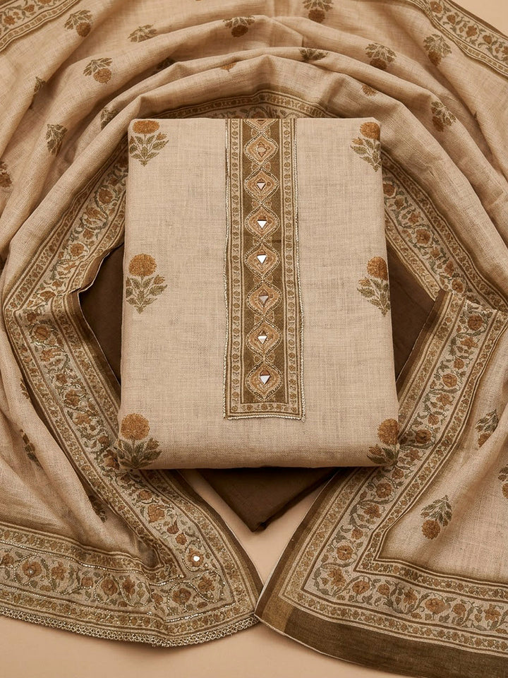 Brown Linen Printed Unstitched Dress Material