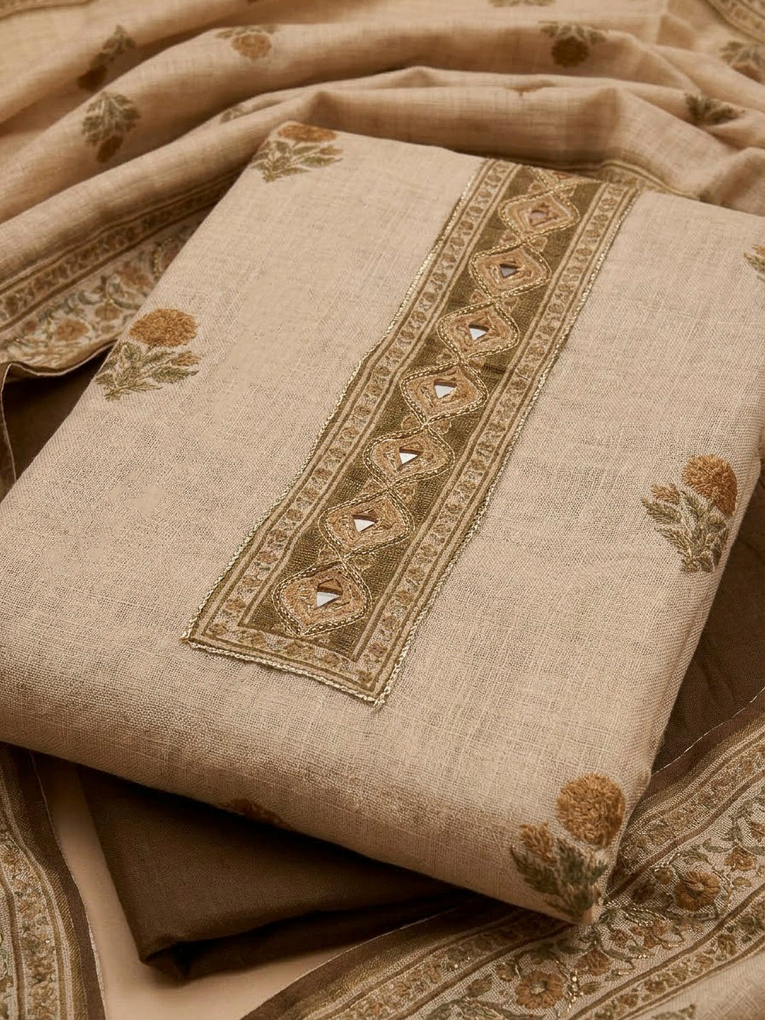 Brown Linen Printed Unstitched Dress Material