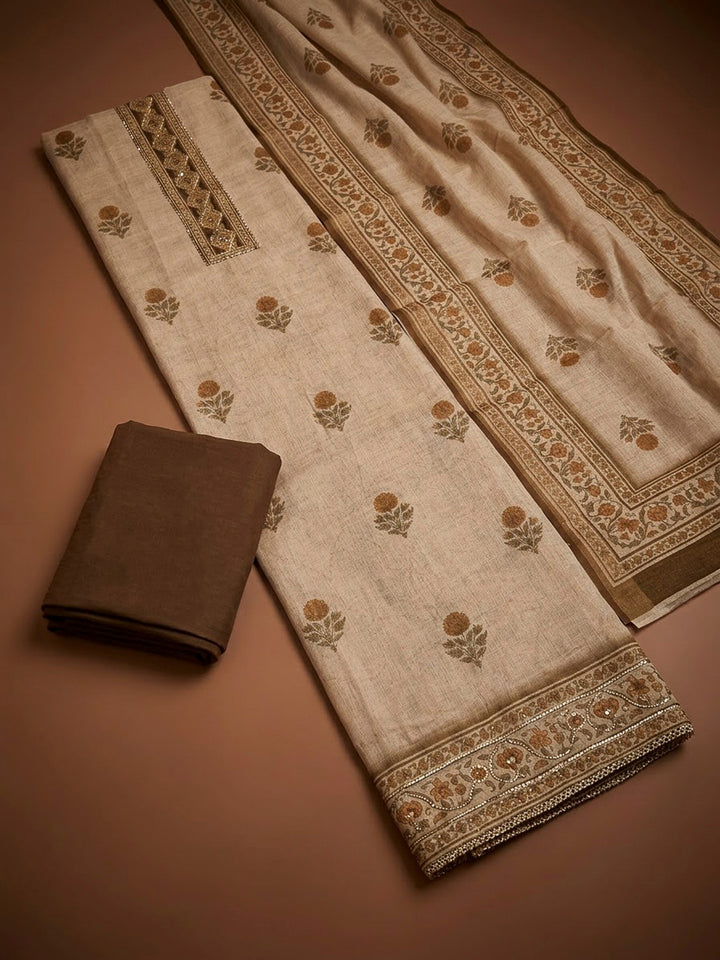 Brown Linen Printed Unstitched Dress Material