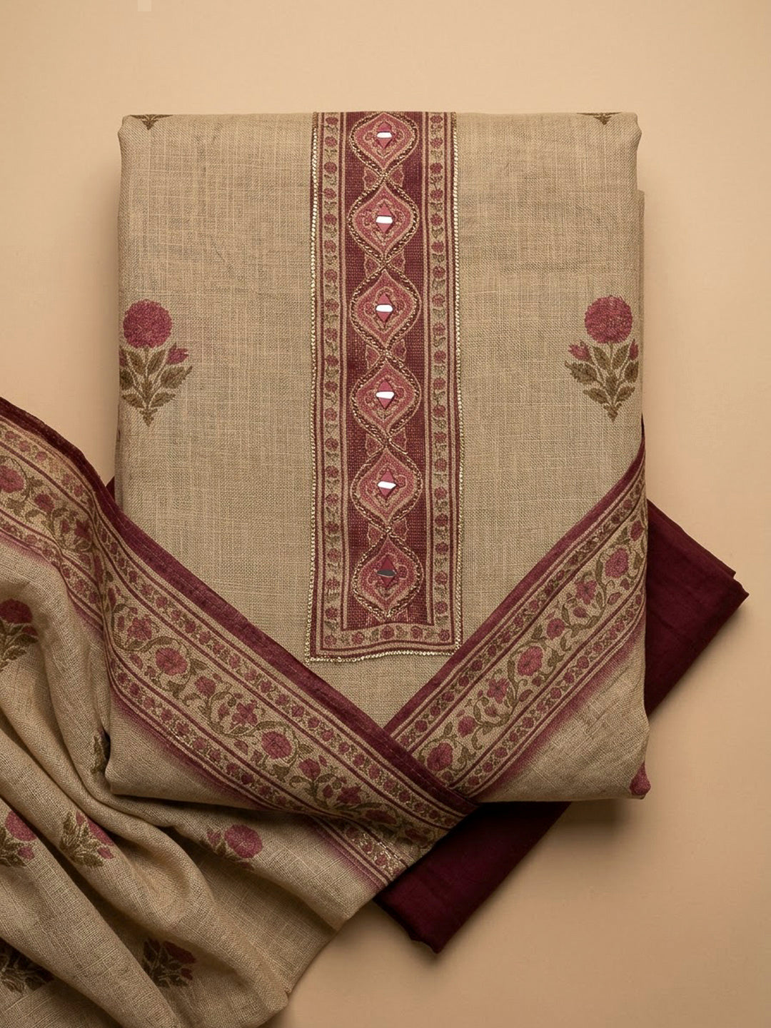 Wine Linen Printed Unstitched Dress Material