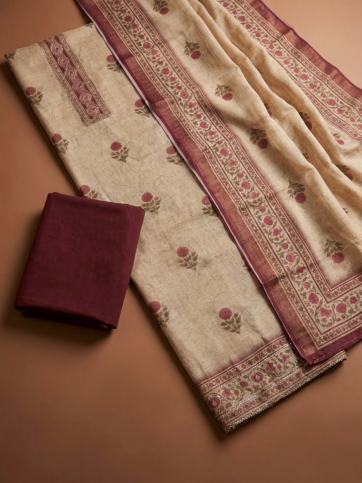 Wine Linen Printed Unstitched Dress Material