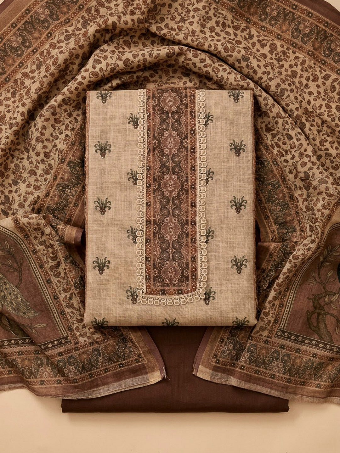 Brown Linen Printed Unstitched Dress Material