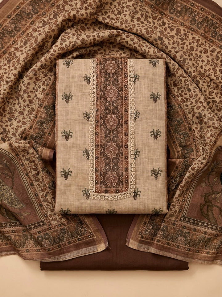 Brown Linen Printed Unstitched Dress Material