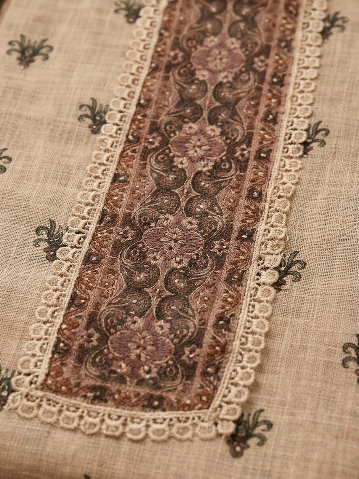 Brown Linen Printed Unstitched Dress Material