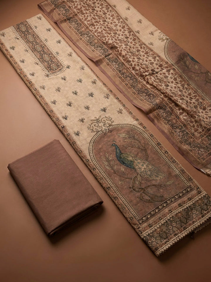 Brown Linen Printed Unstitched Dress Material