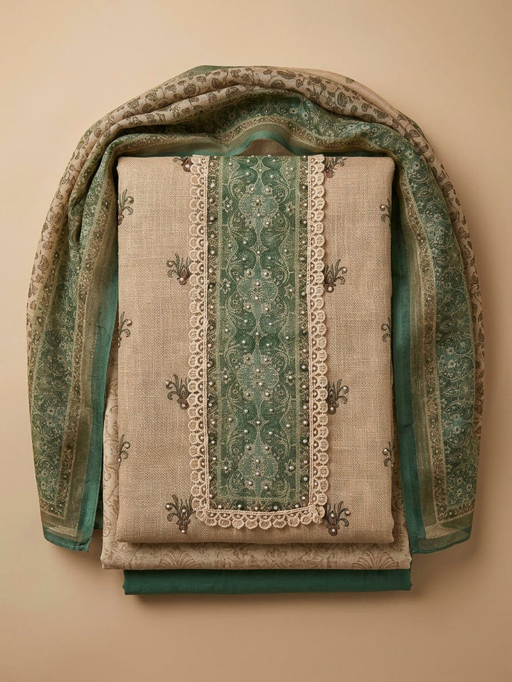 Green Linen Printed Unstitched Dress Material
