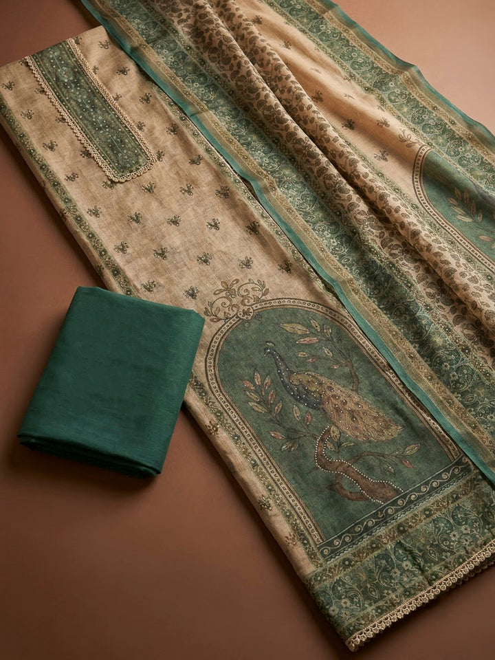 Green Linen Printed Unstitched Dress Material
