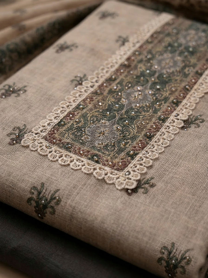 Grey Linen Printed Unstitched Dress Material