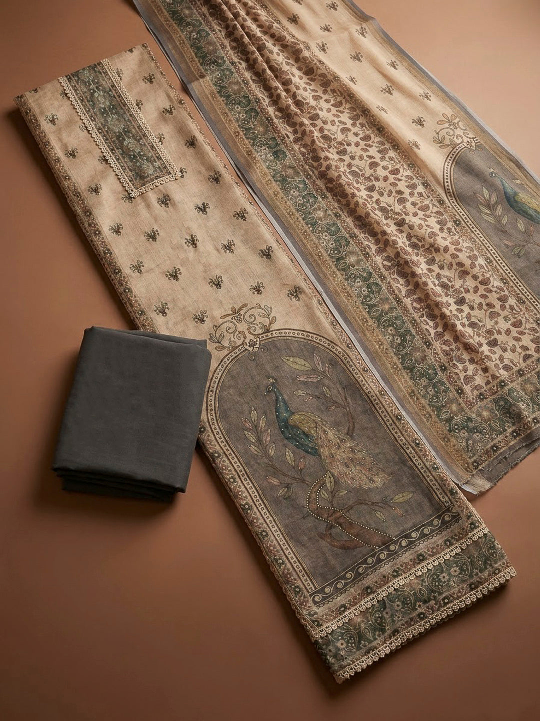 Grey Linen Printed Unstitched Dress Material