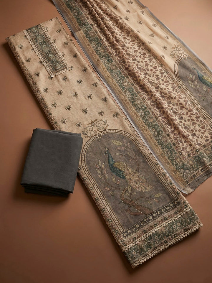 Grey Linen Printed Unstitched Dress Material