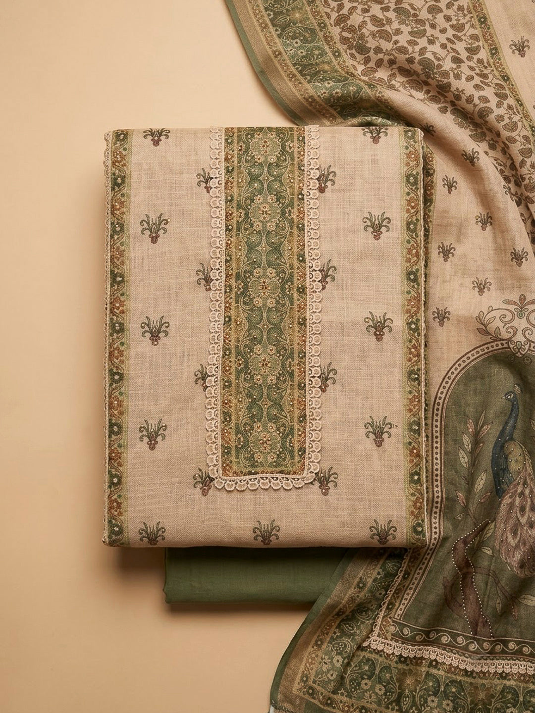 Rama Green Linen Printed Unstitched Dress Material