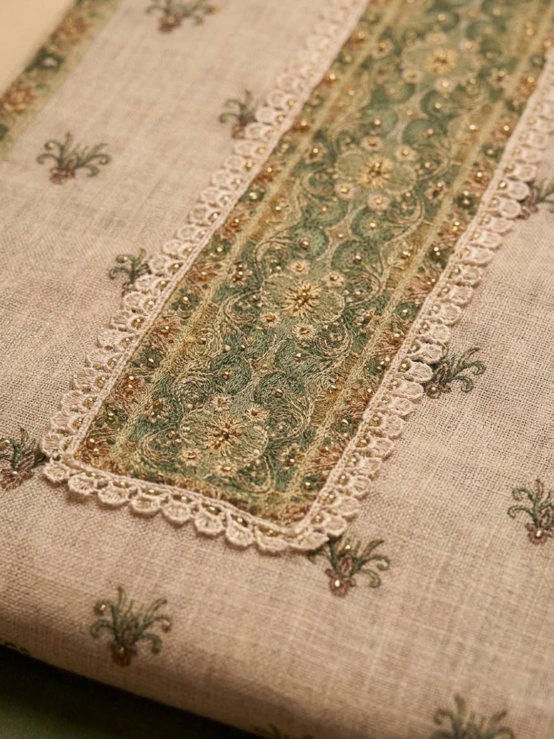 Rama Green Linen Printed Unstitched Dress Material
