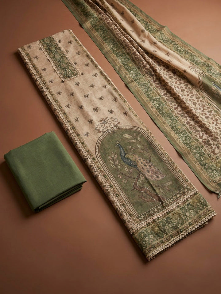 Rama Green Linen Printed Unstitched Dress Material