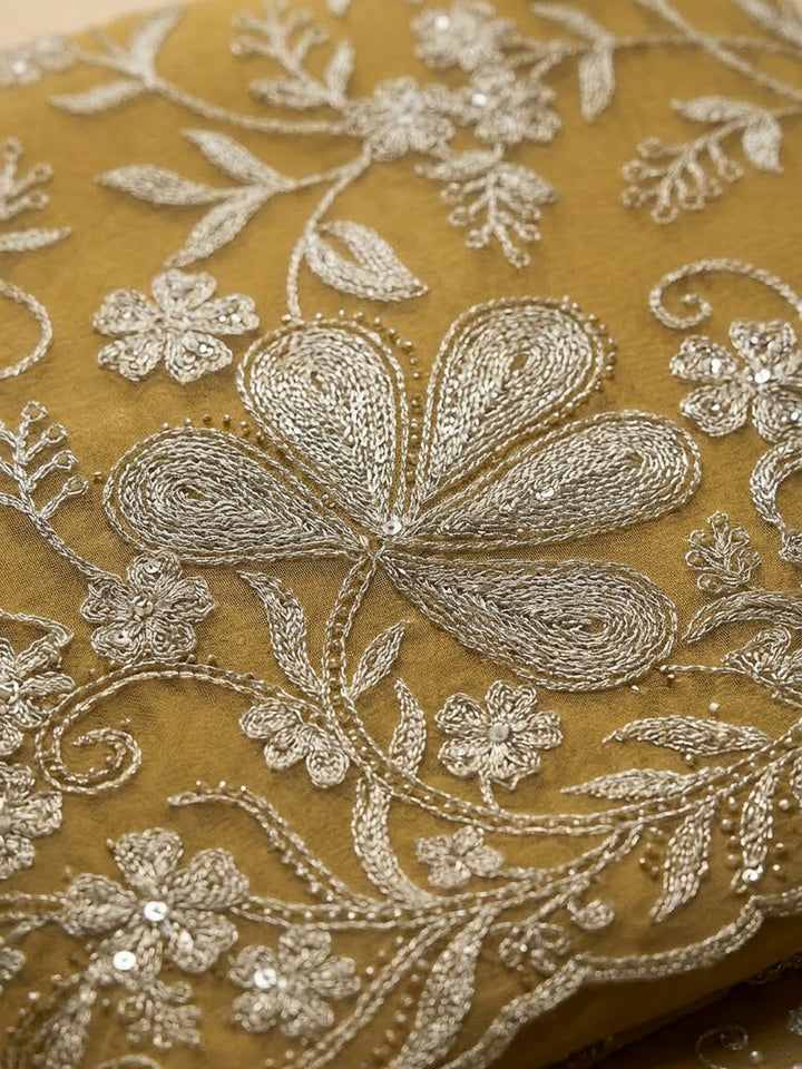 Mustard Organza Embroidered Unstitched Dress Material