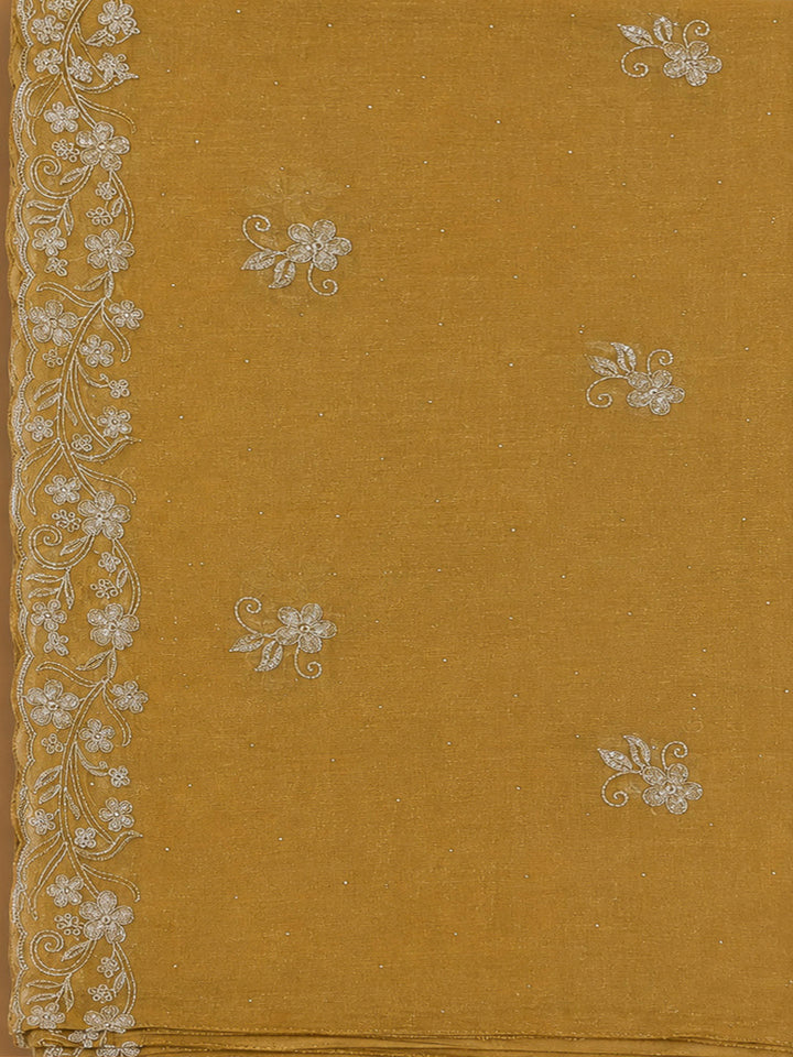 Mustard Organza Embroidered Unstitched Dress Material